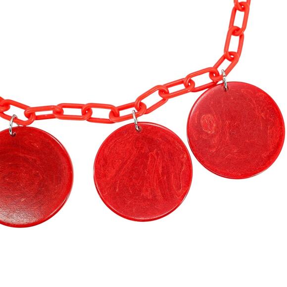 Bold Vintage Large Marbled Red Disk Bakelite Necklace Plastic Chain Geo Mod Read - Picture 6 of 13